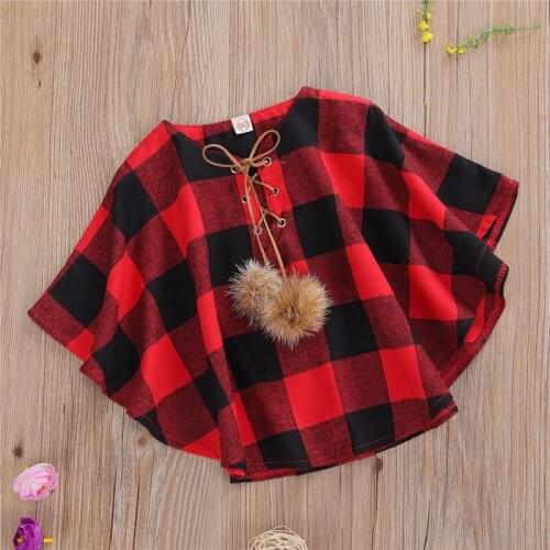 Infant Baby Boys Girls Plaid Cloak Fur Ball Strap Decoration Adjustable Loose Version Coat Outwear Spring Autumn Clothing