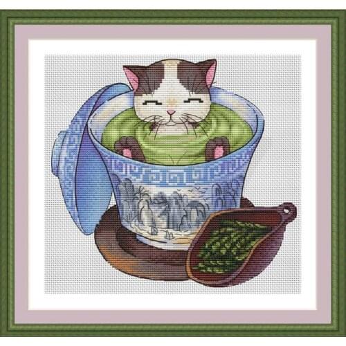 Cat in cup Cross Stitch Kit Packages Counted Cross-Stitching Kits New Pattern NOT PRINTED Cross stich Painting Set