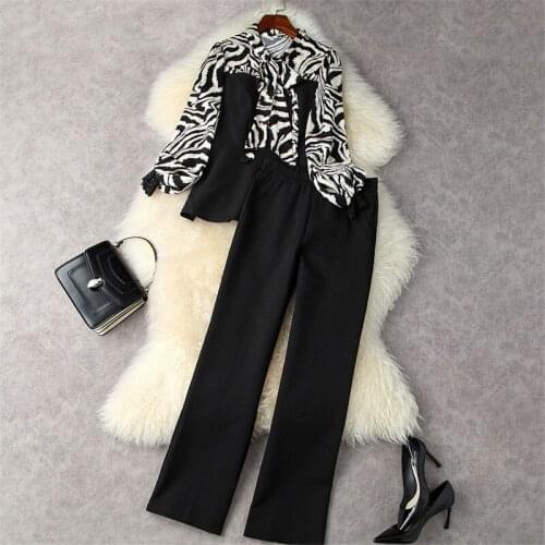 Autumn Winter Womens Office Trousers Suits Big Size Xxl Fashion Lantern Sleeve Bow Collar Leopard Shirt and Pants Two Piece Set