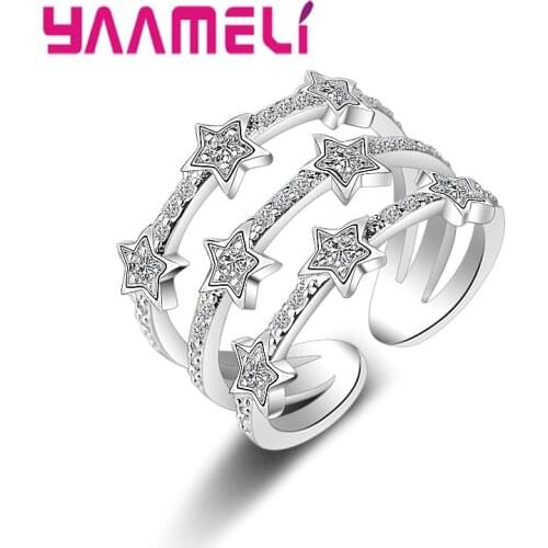 Fashion Multilayer Stars 925 Sterling Silver Five Star Shape Crystal Opening Rings Women Lady Birthday Gift Adjustable Bag