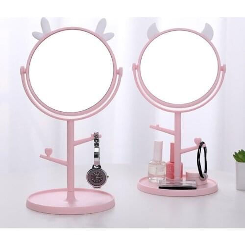 L61 Makeup Mirror Table Desktop Countertop Base Use for Bathroom Travel Ordinary Pink Cat Ear Mirror with Jewelry Cosmetic Shelv