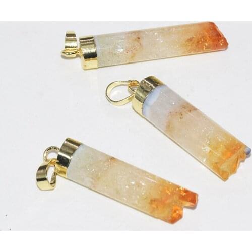 Raw Yellow Crystal Quartz cylinder druzy stone pendant women Boho Gold Cap natural column geode druzy citrines pendant women