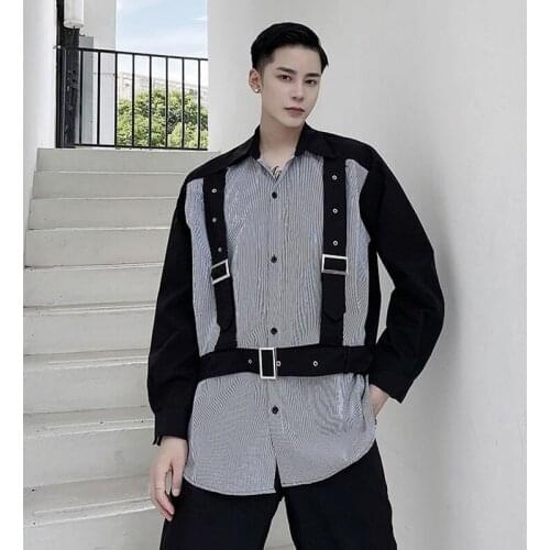 Men Functional Style Bandage Stripe Splice Long Sleeve Casual Shirt Male Streetwear Hip Hop Loose Shirt Stage Show Clothes