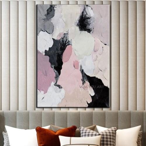 Hand Painted Abstract Oil Painting Wall Art Pink Black Picture Minimalist Decorative Modern On Canvas For Living Room No Frame