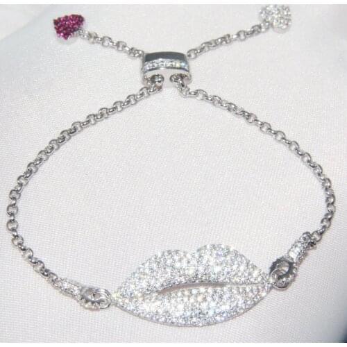 SOELLE 925 Sterling Silver White Lip Bracelet with Red Zircon CZ Double Hearts Ending Women Fashion Jewelry Yao Chen Collection