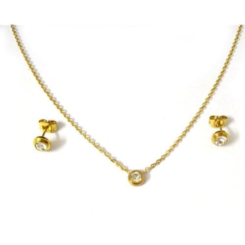 FairLadyHood Zircon Pendant Necklace & Earrings Gold Color Stainless Steel Jewelry Set For Women Gift Wholesale Jewelry