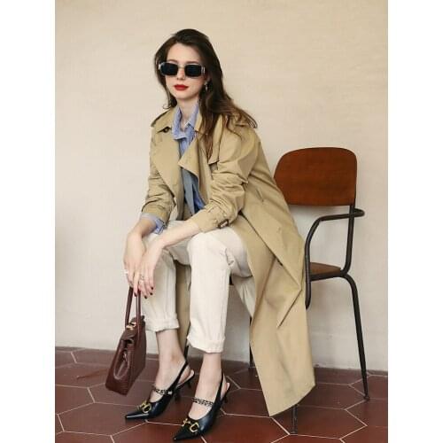 Windbreaker coat womens autumn 2021 new French high sense casual over knee Khaki medium length coat
