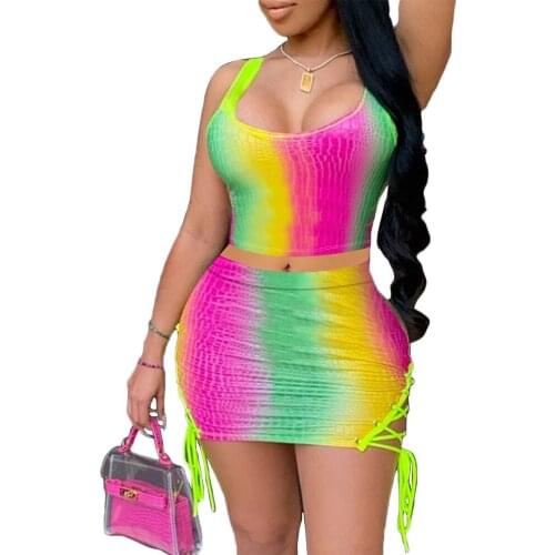 Rainbow Print Tank Tops With Skirts Summer Lovely Women Sets