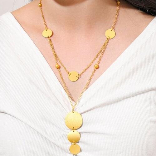 2 Pcs/Set Women Fashion Necklaces Golden Geometric Round Pendant Beaded Double Clavicle Chain Ladies Beach Party Charm Jewelry