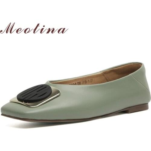 Meotina Women Flat Shoes Natural Genuine Leather Flats Shoes Square Toe Metal Decoration Shoes Female Casual Flats Shoes Spring
