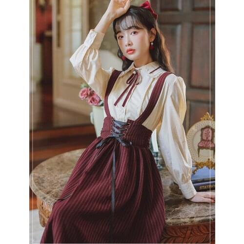 Japan Preppy Style 2 Piece Sets Modern Vintage Women Outfits Cute Bow Peter Pan Collar Loose Tops Shirt & Striped Bandage Skirt