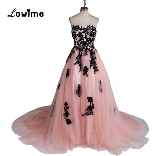 Pink Long Evening Dress with Black Lace Corset Back Prom Dresses Evening Gown Robe de Soiree vestido longo formal dress