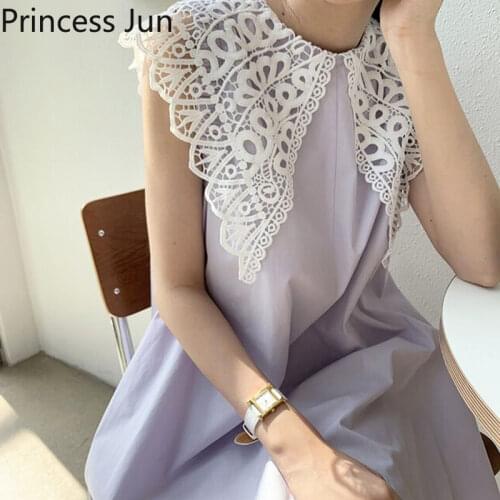 Women French Summer Retro Fashion Purple Black Dress Sweet Lace Hollow Out Collar Midi Loose Dress Holiday Fairy Dress Vestidos