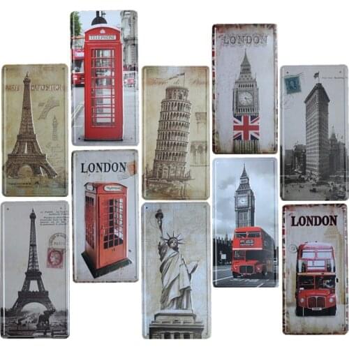 The World’s Landmarks Statue of Liberty License Plates Metal Signs Big Ben Plaque Wall Decoration 15x30cm