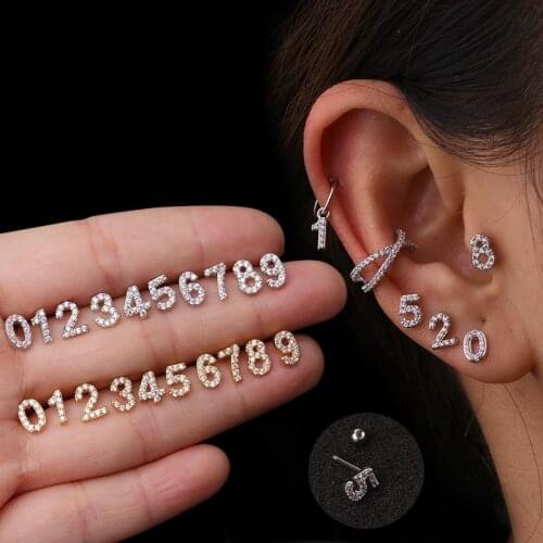 1Pc 0-9 Arabic Numbers Cz Cartilage Stud Earring Stainless Steel Lobe Tragus Rook Helix Ear Piercing Jewelry Birthday Gift