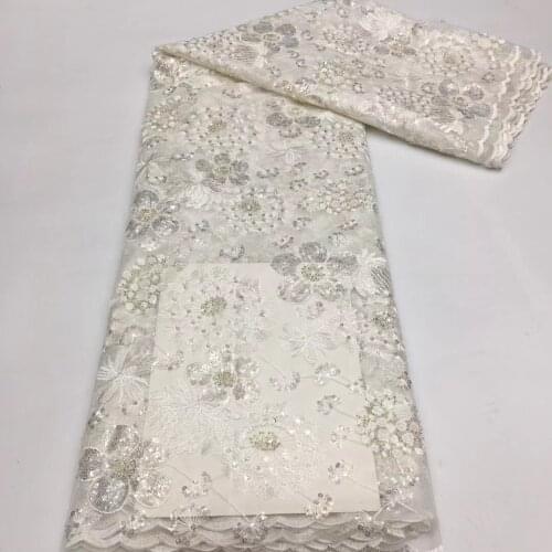 5yards/pc) Excellent embroidered white French net lace high quality African wedding lace fabric with beads and sequins FSS357