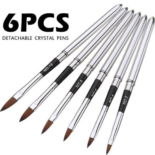 6pcs/Set Sable Hair Acrylic Nail Brush Detachable Steel Handle Nail Art Painting Drawing Pen Brushes Manicure Tool