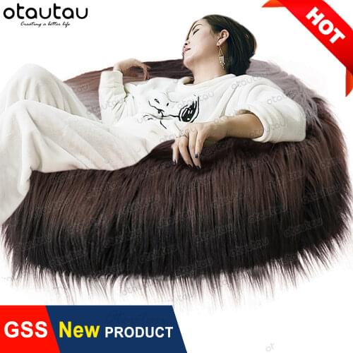 Big Fluffy Round Pouf Sofa Cover Faux Fur Bean Bag Sofa Bed Case No Stuffed Beanbag Chair Puff Ottoman Couch Floor Corner Seat
