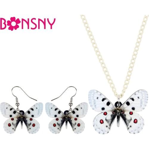 Bonsny Acrylic Jewelry Set Parnassius Bremeri Butterfly Necklace Earrings Collar Fashion Pendant For Women Girl Decoration NE+EA