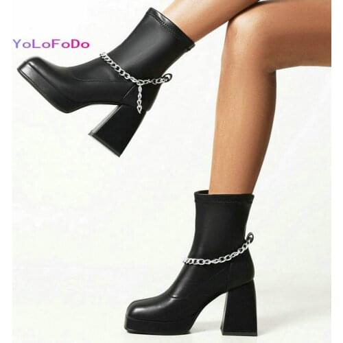 Black White Women Ankle Boots Platform Thick High Heel Ladies Short Boots PU Leather Fashion Square Toe Zipper Womens Boots