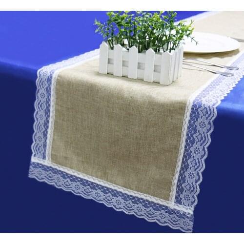 Rustic Table Runner Natural Imitated Linen Khaki Table Runners Lace Edge for Wedding Party Home Decoration Gray Table Flag Cover