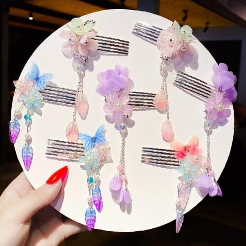 Girl child antiquity super fairy tassel step swing comb headdress princess flower hair comb hanfu hair accessories