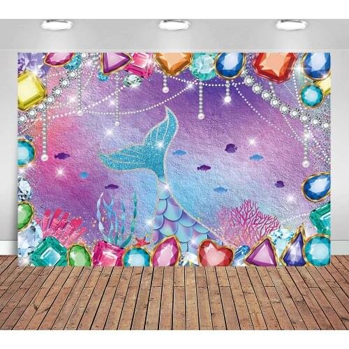 Jewel Mermaid Backdrop 7x5FT for Girls Birthday Party Decoration Baby Shower Banner Under The Sea Photography Background