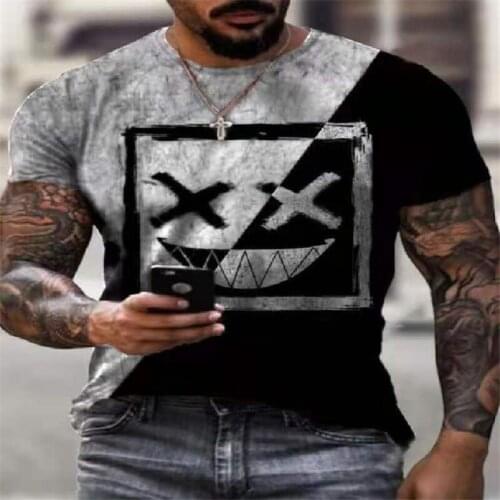 European And American Mens Foreign Trade Summer Loose Casual Fashion Round Neck Color Matching Smiley Short-sleeved T-shirt Top