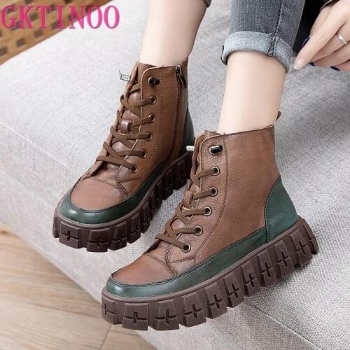 GKTINOO Women Ankle Boots Winter 2021 New Genuine Leather Shoes Zip Round Toe Wedges Retro Mixed Colors Platform Short Boots