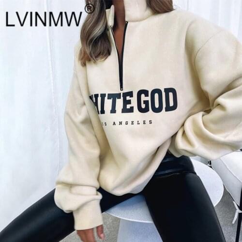 LVINMW Sweatshirt Mock Neck Letters Zipper Leisure Pullover Basic Chic Long Sleeve Streetwear Tops Print Loose Comfort Hoodies