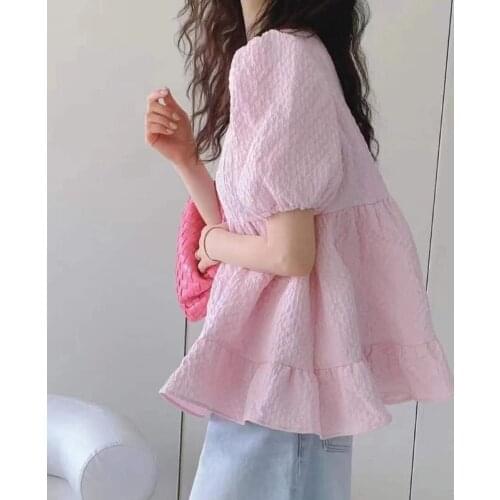 Sweet Ruffle Doll Shirt Korean Puff Sleeve O-neck Causal Blouse Tops Summer New Solid Blusas Mujer De Moda 2021 pink