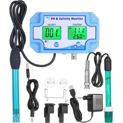 Water Quality Monitor 24hours Online PH Salinity TEMP Meter LCD Display Digital pH Salt Temperature Value For Aquarium Fish Tank