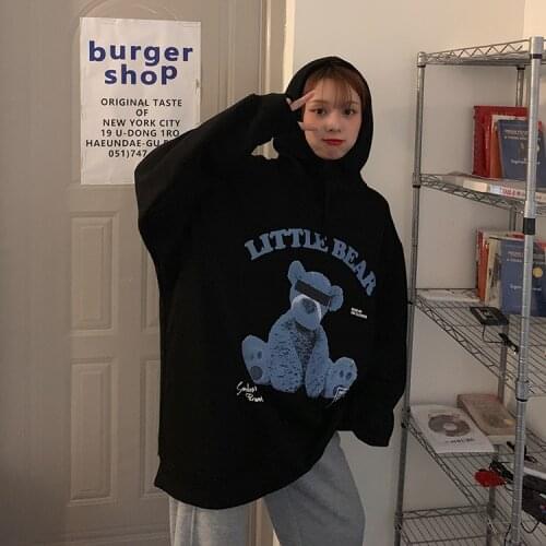 Make new winter han edition tide over fire cec hooded cartoon printed letters loose hair thickening fleece single female