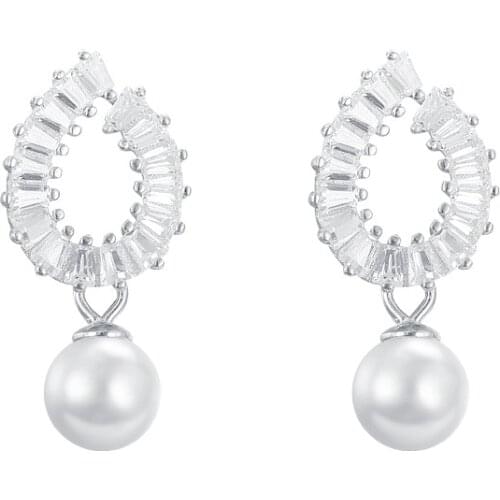 Trendy Pearl Earrings 925 Silver Jewelry with Zircon Gemstone Drop Earrings for Women Wedding Promise Party Ornaments Wholesale