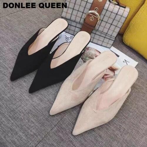 Fashion Women Pointed Toe Slippers Suede Low Heels Outsides Ladies Slides Luxury Brand Mules Shoe Women Slipper zapatos de mujer