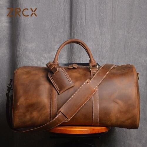 ZRCX Vintage Mens Hand Luggage Bag Travel Bag Geunine Leather Large Capacity Single Shoulder Messenger For 15 Inch Laptop
