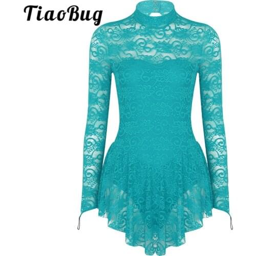 TiaoBug Adult Long Sleeve Soft Lace Tutu Ballet Gymnastics Leotard Women Figure Skating Dress Competition Lyrical Dance Costumes
