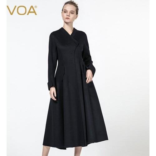 VOA Dark Blue Double Sided Fine 14.75 Micron Small Cashmere Selvage Kimono Collar Cross-Body Sleeves Long-Cut Coat S1351