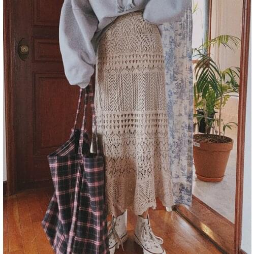 Elastic High Waist Long Knitted Skirt Women Summer Sexy Hollow Out Wrap Hip Midi Skirts