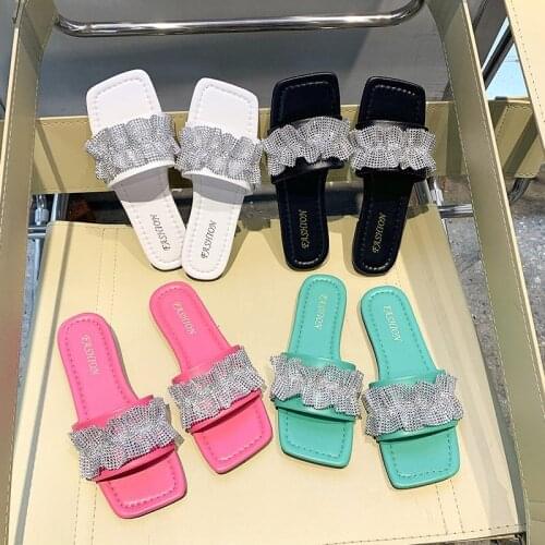 Network with Red Sandals Female 2021 Summer New Fairy Style Flat Heel Sandals Rhinestone Sandals Fashion