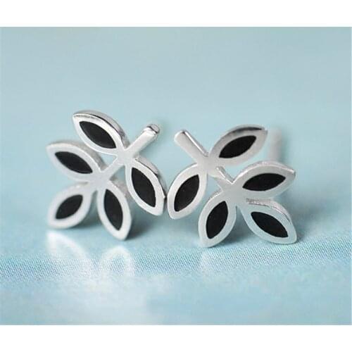 100% 925 Sterling Silver Black Enamel Leaves Elegant Stud Earrings For Women Girl Hypoallergenic Sterling-silver-jewelry