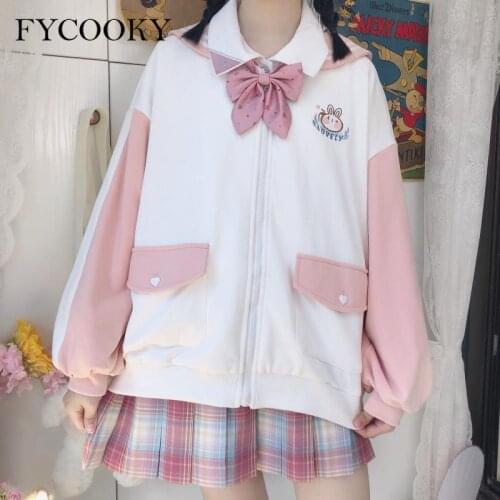 Autumn Winter Sweet Cartoon Zipper Hoodies Women Japanese Navy Collar Patchwork Sweatshirt Korean Loose Cardigan Jacket 2021 New