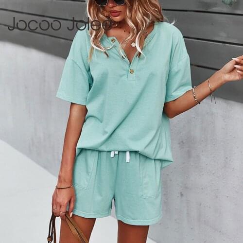 Jocoo Jolee 2021 Women Summer Casual Solid Loose Botton Top And Basic Pants Two Piece Sets O-Neck Tee Elastic waist Sport Style