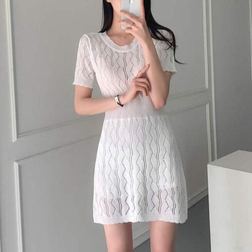 New Arrival Korean Fashion Sweater Dress Hollow Out Knitted Elegant Womens High Waist Knit Dress Vestidos De Fiesta