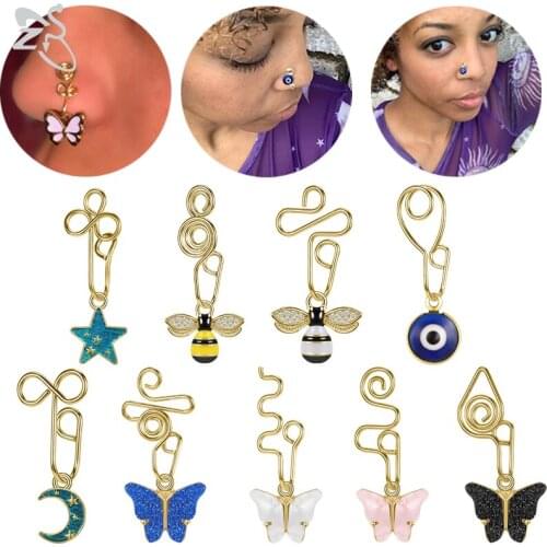ZS 1PC Stainless Steel Spiral Fake Nose Ring For Women Wire Spiral Evil Eye Nose Cuff No Piercings Bee Star Butterfly Nose Ring