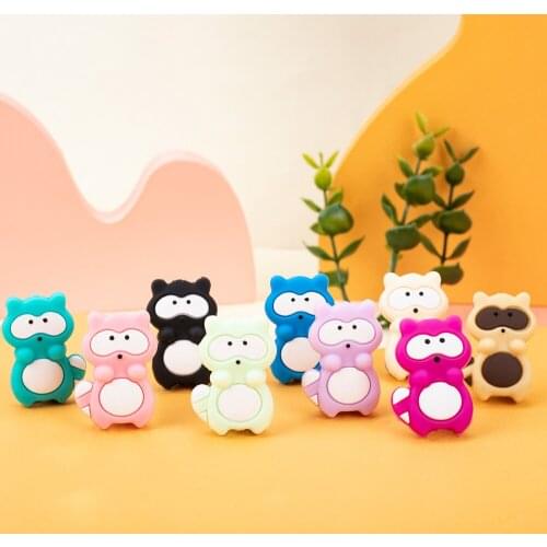 Sunrony 10pcs Silicone Raccoon Beads Animal Pacifier Clip Accessories Baby Teether BPA Free DIY Beads For Teething Necklace