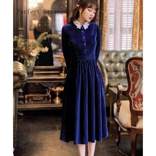 2019 Winter New Arrival High Quality Retro Lace Peter Pan Collar Long Sleeve Woman Long Corduroy Dress Blue