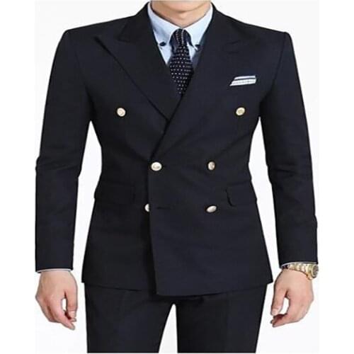 2020 Black Double-Breasted Groom Suit Men Wedding Business Prom Male Suits Peak Lapel Groomsmen Tuxedos 2 Pieces ( Jacket+Pants)