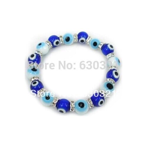 Free shipping 10mm dark bule and white color glass beads multi lucky evil eye bracelet