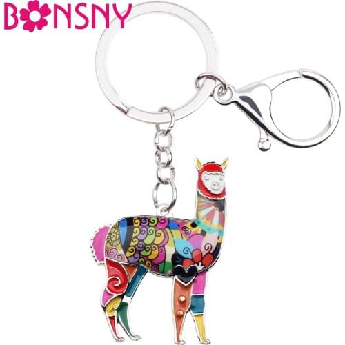 Bonsny Enamel Alloy South America Alpaca Key Chain Keychains Holder Cute Animal Jewelry For Women Girls Bag Car Pendant Gift Hot